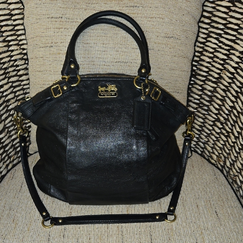 Coach Gold and Black Satchel with Textured Leather